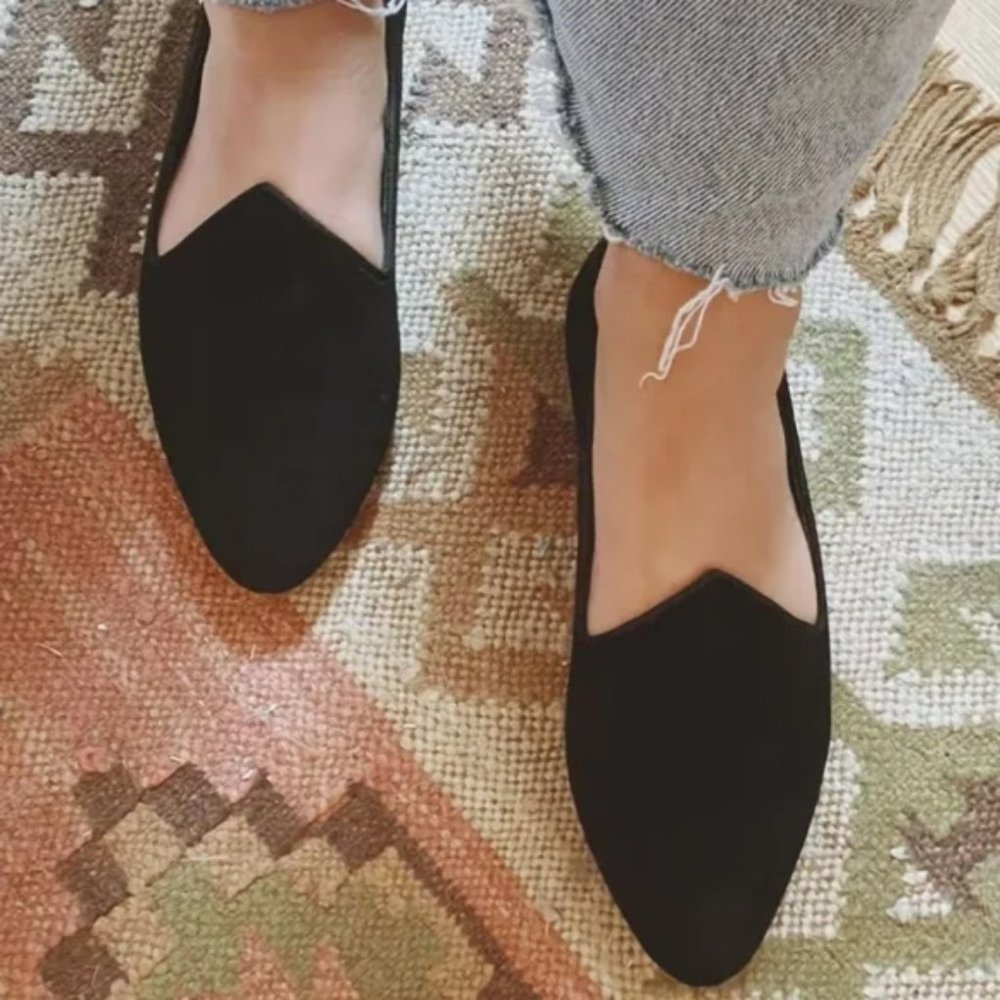 ❌SOLD❌ BIRDIES The Heron Black Velvet Suede Smoking Slipper Flat Slip On 11 - Picture 1 of 9